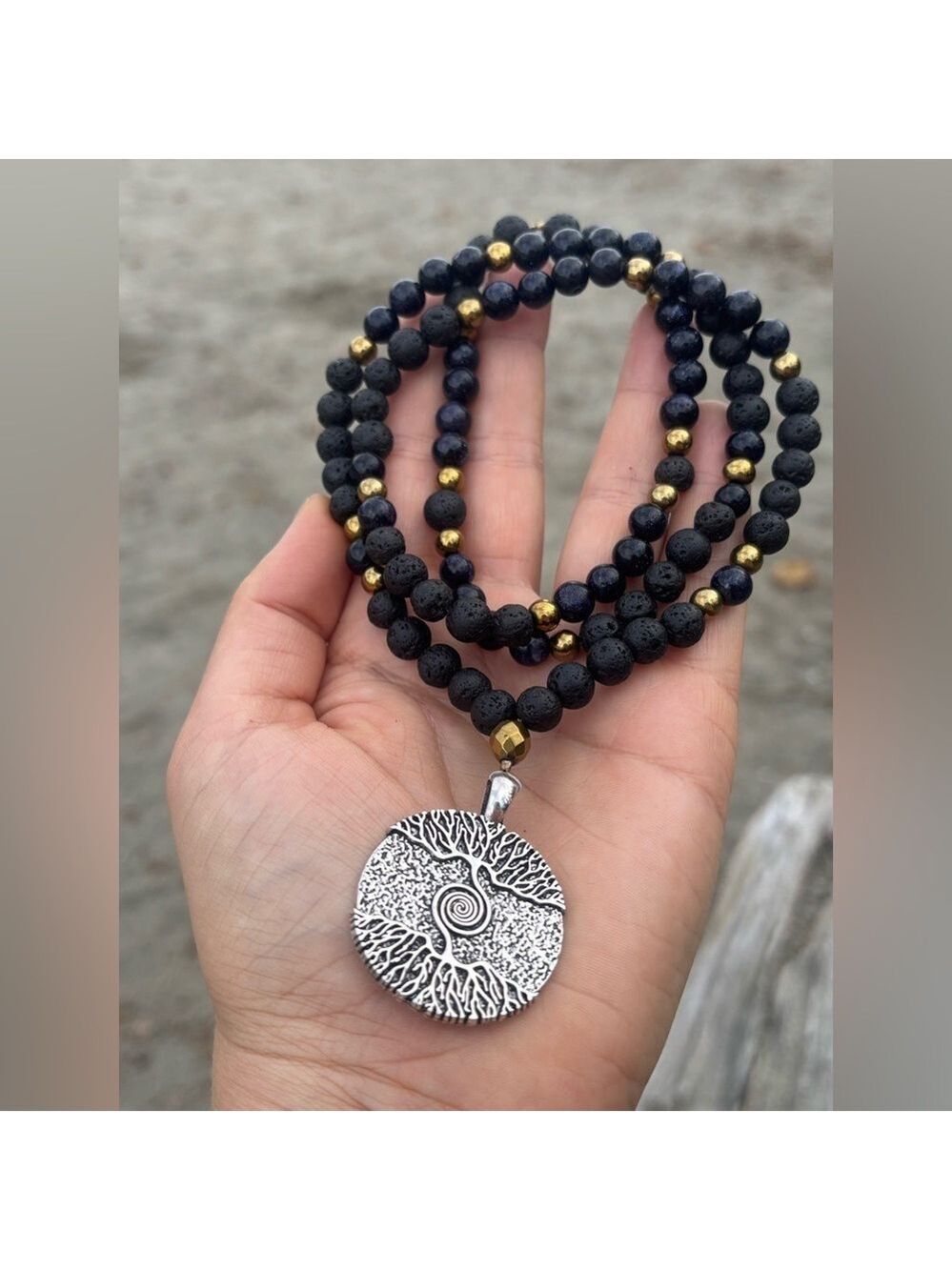 Artisan Protection Mala • Lava Rock & Hematite • Money Spiral Talisman 108 Beads